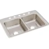 Elkay Lustertone Classic 33" Drop In/Topmount Stainless Steel Kitchen Sink, 50/50 Double Bowl, Lustrous Satin, 5 Faucet Holes, LR33225
