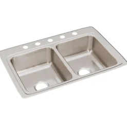 Elkay Lustertone Classic 33" Drop In/Topmount Stainless Steel Kitchen Sink, 50/50 Double Bowl, Lustrous Satin, 5 Faucet Holes, LR33225