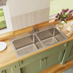 Elkay Lustertone Classic 43" Drop In/Topmount Stainless Steel Kitchen Sink, 50/50 Double Bowl, Lustrous Satin, 3 Faucet Holes, DLR4322123