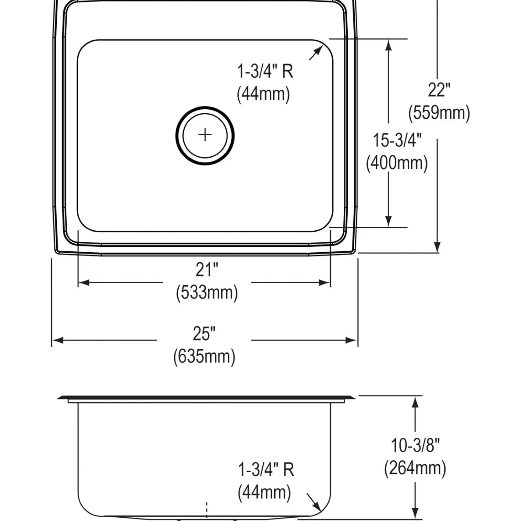 Elkay Lustertone Classic 25" Drop In/Topmount Stainless Steel Kitchen Sink, 3 Faucet Holes, DLRQ2522103