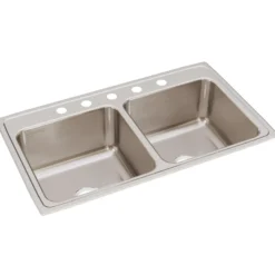 Elkay Lustertone Classic 37" Drop In/Topmount Stainless Steel Kitchen Sink, 50/50 Double Bowl, Lustrous Satin, 5 Faucet Holes, DLR3722105