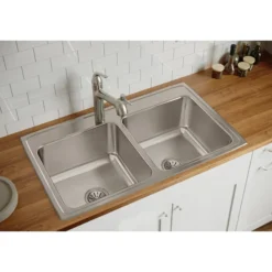 Elkay Lustertone Classic 37" Drop In/Topmount Stainless Steel Kitchen Sink, 50/50 Double Bowl, Lustrous Satin, 5 Faucet Holes, DLR3722105