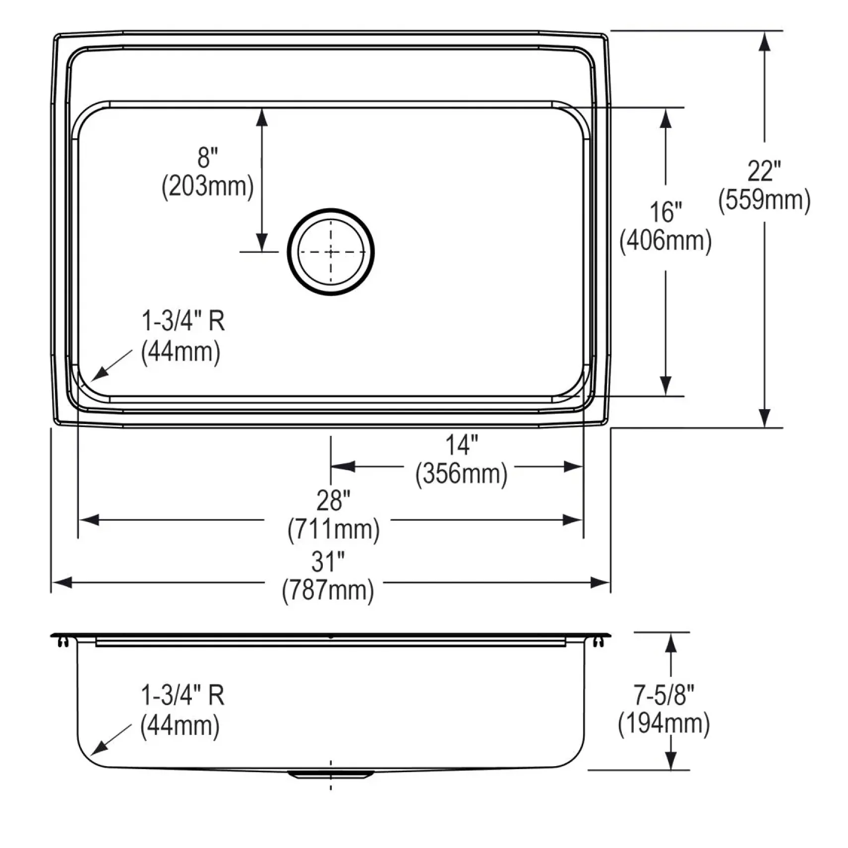Elkay Lustertone Classic 31" Drop In/Topmount Stainless Steel Kitchen Sink, 3 Faucet Holes, LRQ31223