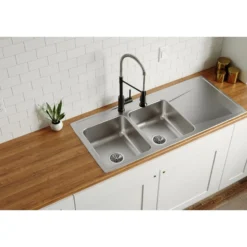 Elkay Lustertone Classic 48" Drop In/Topmount Stainless Steel Kitchen Sink, 50/50 Double Bowl, Lustrous Satin, Includes Drainboard, 1 Faucet Hole, ILR4822L1
