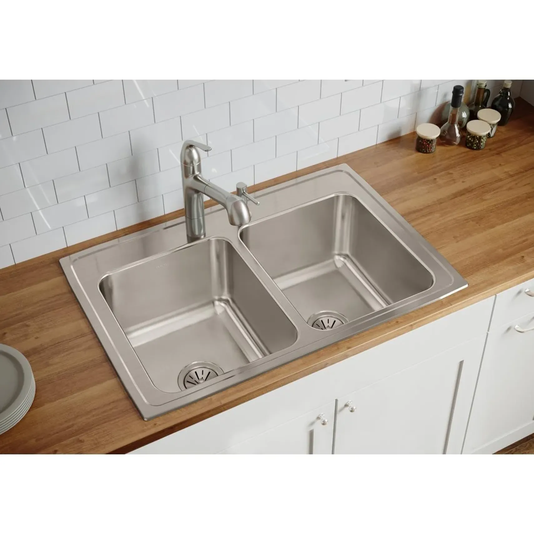 Elkay Lustertone Classic 33" Drop In/Topmount Stainless Steel Kitchen Sink, 50/50 Double Bowl, Lustrous Satin, 5 Faucet Holes, DLR3322125
