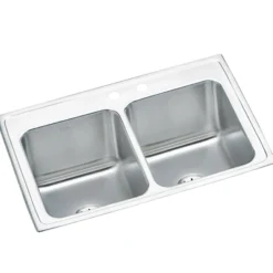Elkay Lustertone Classic 33" Drop In/Topmount Stainless Steel Kitchen Sink, 50/50 Double Bowl, Lustrous Satin, MR2 Faucet Holes, DLR332210PDMR2