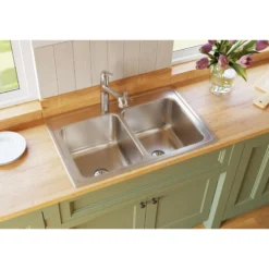 Elkay Lustertone Classic 33" Drop In/Topmount Stainless Steel Kitchen Sink, 50/50 Double Bowl, Lustrous Satin, MR2 Faucet Holes, DLR332210PDMR2