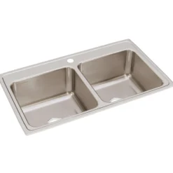 Elkay Lustertone Classic 37" Drop In/Topmount Stainless Steel Kitchen Sink, 50/50 Double Bowl, Lustrous Satin, 1 Faucet Hole, DLR3722101