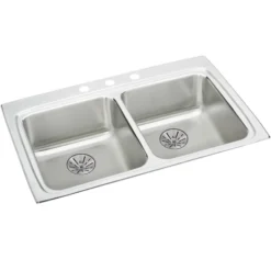 Elkay Lustertone Classic 33" Drop In/Topmount Stainless Steel ADA Kitchen Sink, 50/50 Double Bowl, Lustrous Satin, 4 Faucet Holes, Perfect Drain, LRAD332265PD4