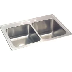 Elkay Lustertone Classic 33" Drop In/Topmount Stainless Steel Kitchen Sink, 50/50 Double Bowl, Lustrous Satin, 1 Faucet Hole, STLR3322R1