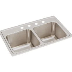 Elkay Lustertone Classic 29" Drop In/Topmount Stainless Steel Kitchen Sink, 50/50 Double Bowl, Lustrous Satin, 4 Faucet Holes, DLR2918104