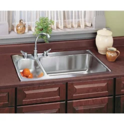 Elkay Lustertone Classic 33" Drop In/Topmount Stainless Steel Kitchen Sink, 30/70 Double Bowl, Lustrous Satin, MR2 Faucet Holes, LMR3322MR2