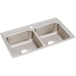 Elkay Lustertone Classic 33" Drop In/Topmount Stainless Steel Kitchen Sink, 50/50 Double Bowl, Lustrous Satin, 1 Faucet Hole, LR33191