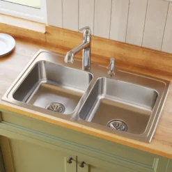 Elkay Lustertone Classic 33" Drop In/Topmount Stainless Steel Kitchen Sink, 50/50 Double Bowl, Lustrous Satin, 1 Faucet Hole, LR33191