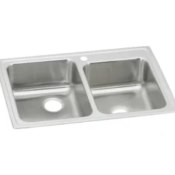 Elkay Lustertone Classic 33" Drop In/Topmount Stainless Steel Kitchen Sink, 60/40 Double Bowl, Lustrous Satin, 1 Faucet Hole, LR2501