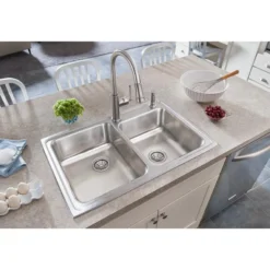 Elkay Lustertone Classic 33" Drop In/Topmount Stainless Steel Kitchen Sink, 60/40 Double Bowl, Lustrous Satin, 1 Faucet Hole, LR2501