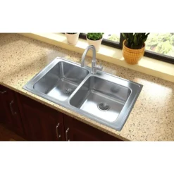 Elkay Lustertone Classic 37" Drop In/Topmount Stainless Steel Kitchen Sink, Double Bowl, Lustrous Satin, 1 Faucet Hole, LGR37221
