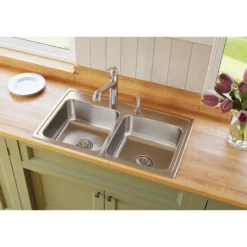 Elkay Lustertone Classic 33" Drop In/Topmount Stainless Steel Kitchen Sink, 50/50 Double Bowl, Lustrous Satin, 2 Faucet Holes, LR33192
