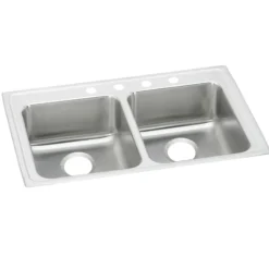 Elkay Lustertone Classic 33" Drop In/Topmount Stainless Steel ADA Kitchen Sink, 50/50 Double Bowl, Lustrous Satin, MR2 Faucet Holes, LRAD331950MR2