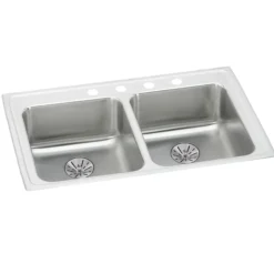 Elkay Lustertone Classic 33" Drop In/Topmount Stainless Steel ADA Kitchen Sink, 50/50 Double Bowl, Lustrous Satin, 3 Faucet Holes, Perfect Drain, LRAD331965PD3