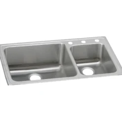 Elkay Lustertone Classic 37" Drop In/Topmount Stainless Steel Kitchen Sink, 60/40 Double Bowl, Lustrous Satin, 3 Faucet Holes, LFGR37223