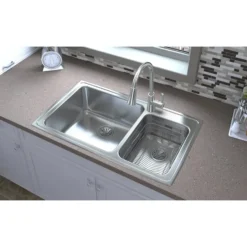 Elkay Lustertone Classic 37" Drop In/Topmount Stainless Steel Kitchen Sink, 60/40 Double Bowl, Lustrous Satin, 3 Faucet Holes, LFGR37223