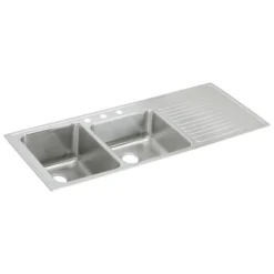 Elkay Lustertone Classic 54" Drop In/Topmount Stainless Steel Kitchen Sink, 60/40 Double Bowl, Lustrous Satin, Includes Drainboard, 4 Faucet Holes, ILGR5422L4