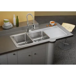 Elkay Lustertone Classic 54" Drop In/Topmount Stainless Steel Kitchen Sink, 60/40 Double Bowl, Lustrous Satin, Includes Drainboard, 4 Faucet Holes, ILGR5422L4