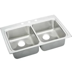 Elkay Lustertone Classic 33" Drop In/Topmount Stainless Steel ADA Kitchen Sink, 50/50 Double Bowl, Lustrous Satin, MR2 Faucet Holes, LRADQ332250MR2