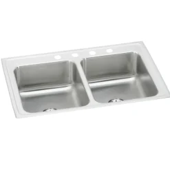 Elkay Lustertone Classic 33" Drop In/Topmount Stainless Steel Kitchen Sink, 50/50 Double Bowl, Lustrous Satin, 3 Faucet Holes, Perfect Drain, LR3321PD3