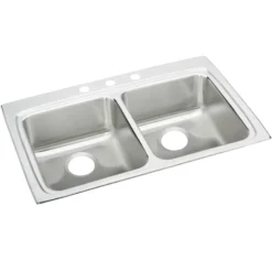 Elkay Lustertone Classic 33" Drop In/Topmount Stainless Steel ADA Kitchen Sink, 50/50 Double Bowl, Lustrous Satin, 3 Faucet Holes, LRAD3322403
