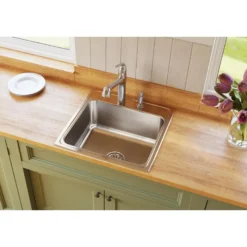 Elkay Lustertone Classic 22" Drop In/Topmount Stainless Steel Kitchen Sink, Lustrous Satin, No Faucet Hole, DLR2222100
