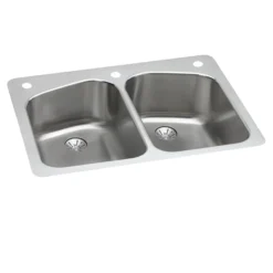 Elkay Lustertone Classic 33" Dual Mount Stainless Steel Kitchen Sink, 50/50 Double Bowl, Lustrous Satin, 3 Faucet Holes, Perfect Drain, LKHSR33229PD3