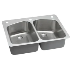 Elkay Lustertone Classic 33" Dual Mount Stainless Steel Kitchen Sink, 50/50 Double Bowl, Lustrous Satin, 2R Faucet Holes, Perfect Drain, LKHSR33229PD2R