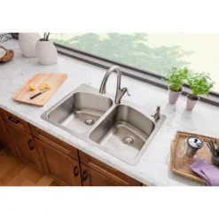 Elkay Lustertone Classic 33" Dual Mount Stainless Steel Kitchen Sink, 50/50 Double Bowl, Lustrous Satin, 2L Faucet Holes, Perfect Drain, LKHSR33229PD2L