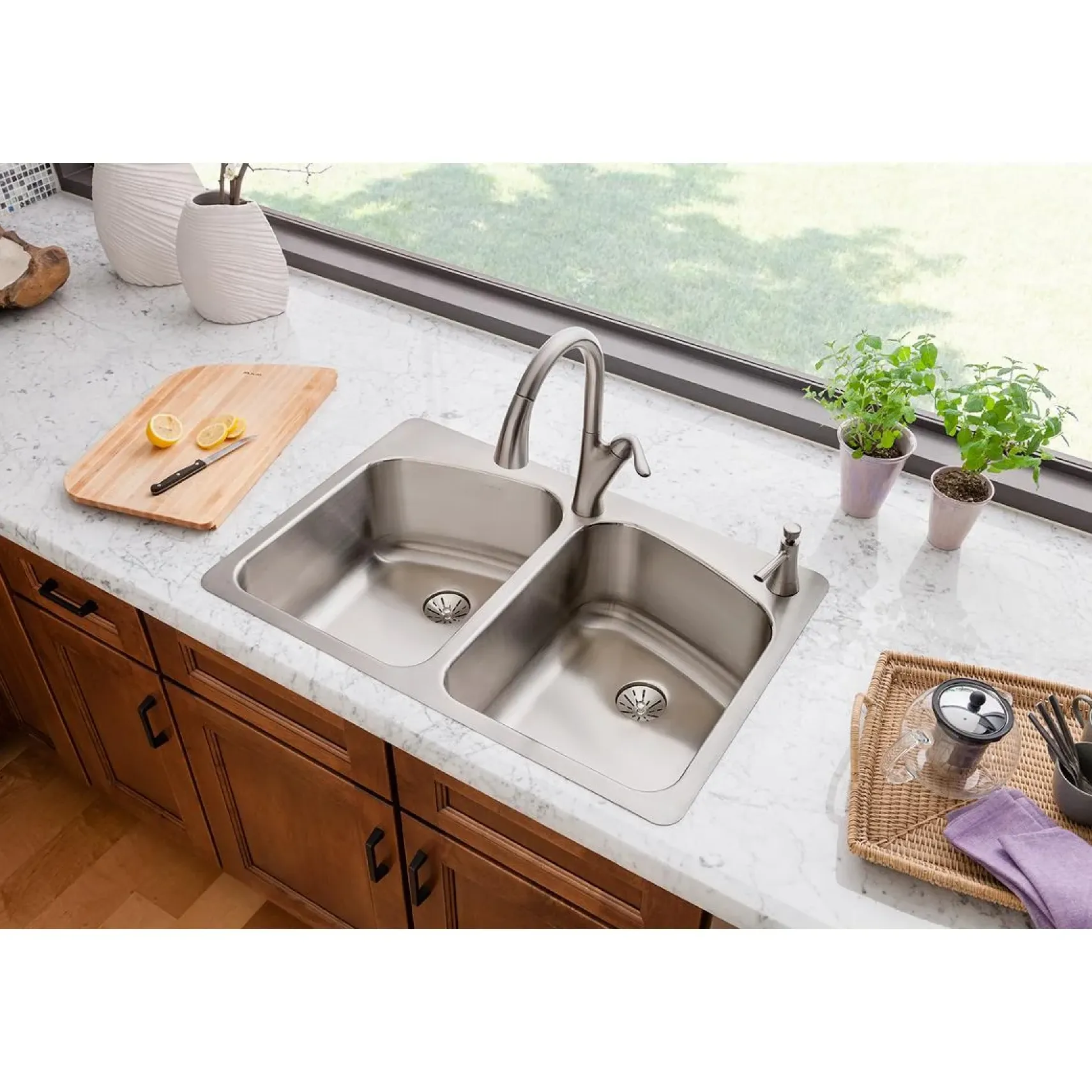 Elkay Lustertone Classic 33" Dual Mount Stainless Steel Kitchen Sink, 50/50 Double Bowl, Lustrous Satin, 2L Faucet Holes, Perfect Drain, LKHSR33229PD2L