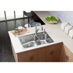 Elkay Lustertone Classic 33" Dual Mount Stainless Steel Kitchen Sink, 60/40 Double Bowl, Lustrous Satin, 2R Faucet Holes, Perfect Drain, LKHSR2509RPD2R