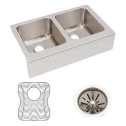 Elkay Lustertone Classic 33" Stainless Steel Farmhouse Sink Kit, 50/50 Double Bowl, Lustrous Satin, 18 Gauge, ELUHF332010DBG