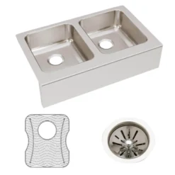 Elkay Lustertone Classic 33" Stainless Steel Farmhouse Sink Kit, 50/50 Double Bowl, Lustrous Satin, 18 Gauge, ELUHF3320DBG