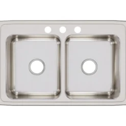 Elkay Lustertone Classic 33" Stainless Steel Kitchen Sink, 50/50 Double Bowl, 18 Gauge, Lustrous Satin, 3 Faucet Hole, LR33213