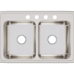 Elkay Lustertone Classic 33" Stainless Steel Kitchen Sink, 50/50 Double Bowl, 18 Gauge, Lustrous Satin, 4 Faucet Hole, LR33224