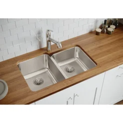 Elkay Lustertone Classic 31" Stainless Steel Kitchen Sink, 50/50 Double Bowl, 18 Gauge, Lustrous Satin, ELUH3120R