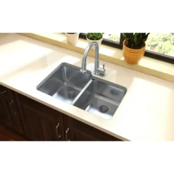 Elkay Lustertone Classic 31" Stainless Steel Kitchen Sink, 50/50 Double Bowl, 18 Gauge, Lustrous Satin, ELUH3120RPD