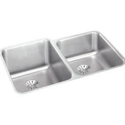 Elkay Lustertone Classic 31" Stainless Steel Kitchen Sink, 50/50 Double Bowl, 18 Gauge, Lustrous Satin, ELUH3120RPD