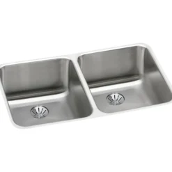 Elkay Lustertone Classic 31" Stainless Steel Kitchen Sink, 50/50 Double Bowl, 18 Gauge, Lustrous Satin, ELUH311810PD