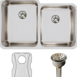 Elkay Lustertone Classic 31" Stainless Steel Kitchen Sink, 50/50 Double Bowl, 18 Gauge, Sink Kit, Lustrous Satin, ELUH3120RPDBG
