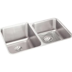 Elkay Lustertone Classic 31" Stainless Steel Kitchen Sink, 50/50 Double Bowl, 18 Gauge, Sink Kit, Lustrous Satin, ELUH3120RPDBG