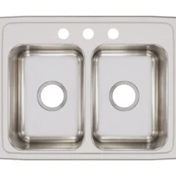 Elkay Lustertone Classic 25" Stainless Steel Kitchen Sink, 50/50 Double Bowl, 18 Gauge, Lustrous Satin, 3 Faucet Hole, LR25193