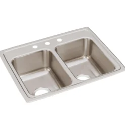 Elkay Lustertone Classic 25" Stainless Steel Kitchen Sink, 50/50 Double Bowl, 18 Gauge, Lustrous Satin, 3 Faucet Hole, LR25193