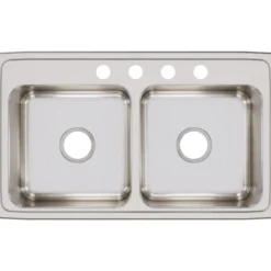 Elkay Lustertone Classic 33" Stainless Steel Kitchen Sink, 50/50 Double Bowl, 18 Gauge, Lustrous Satin, 4 Faucet Hole, LR33194